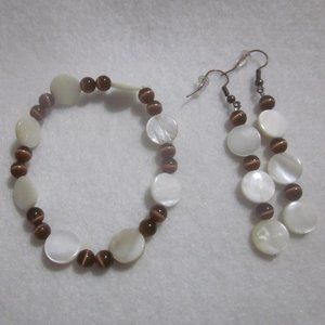Handmade Brown and Cream Stretch Bracelet & Earring Set